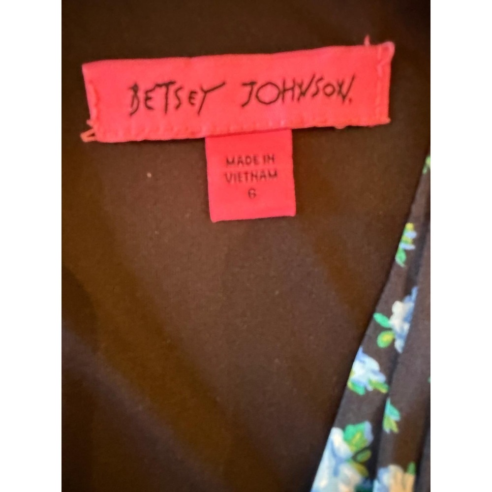 Betsey Johnson Black Blue Floral V-Neck Puff Sleeve Midi Dress Size‎ 6 - Picture 2 of 6